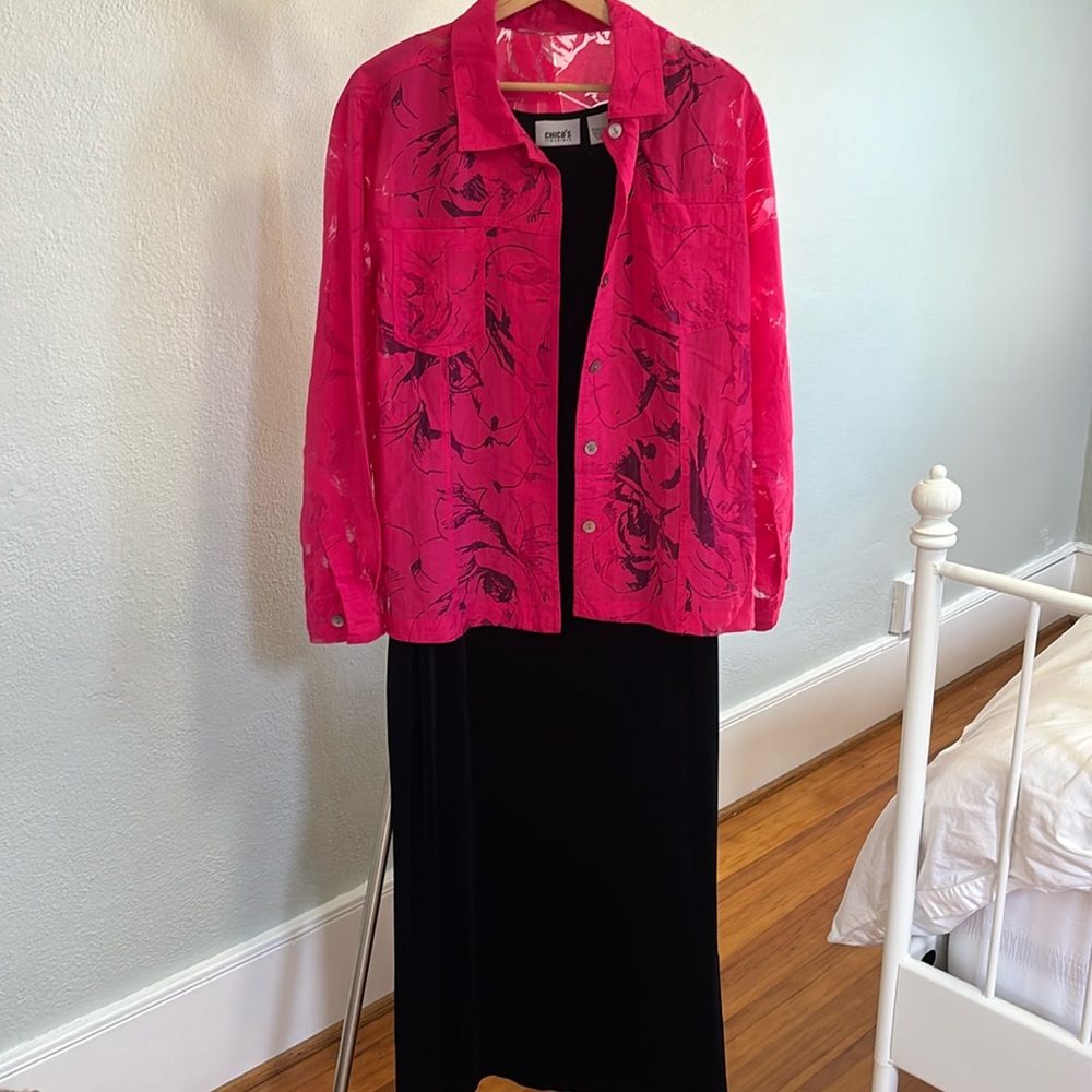 Chico’s set, black sheath dress and pink blouse